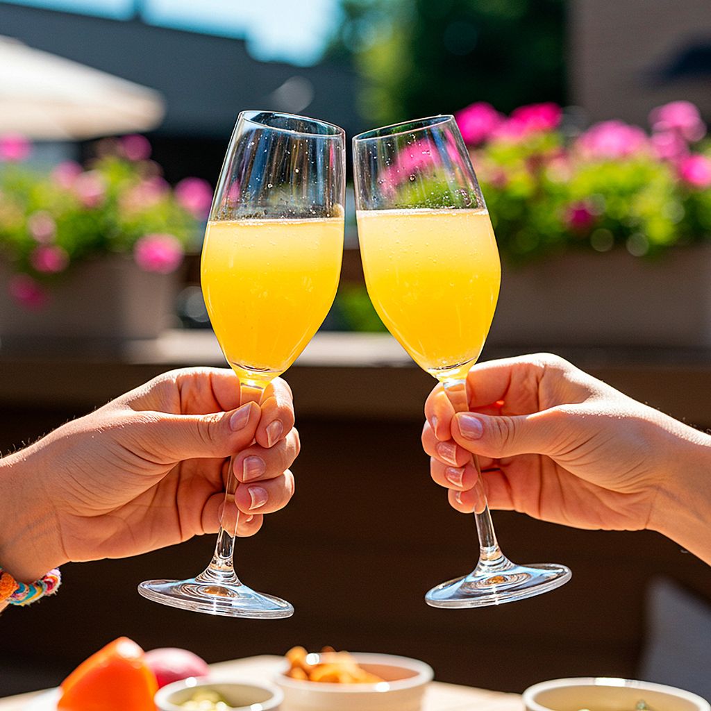 Two hands toasting with orange juice mimosas at holiday brunch with flowers in background